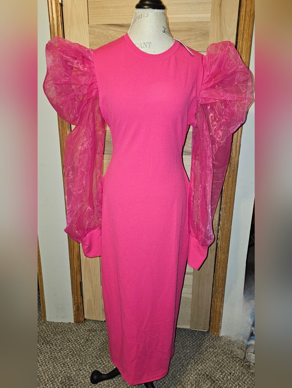 Hot Pink Puff-Sleeve Maxi Dress